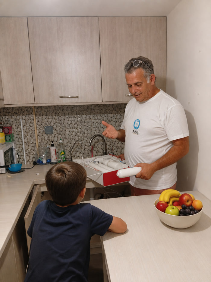 Τεχνικός δείχνει το φίλτρο νερού σε έναν μικρό κάτοικο